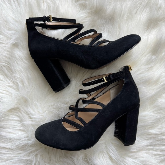 Adrienne Vittadini Black Chunky Heels with Criss Cross Straps Suede Black - Picture 1 of 6